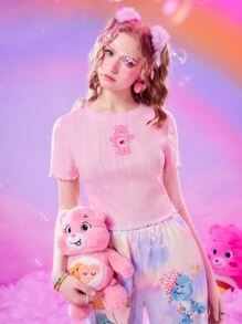 ROMWE X Care Bears 卡通圖案木耳邊T恤 - 粉色 - 查看 3