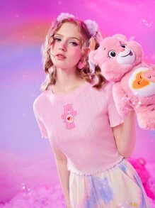 ROMWE X Care Bears 卡通圖案木耳邊T恤 - 粉色 - 查看 5