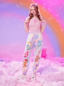 ROMWE X Care Bears 卡通圖案木耳邊T恤 - 粉色 - 查看 6