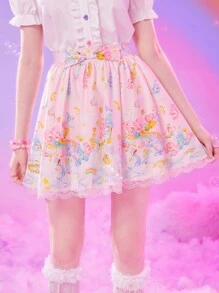 ROMWE X Care Bears 卡通圖案蕾絲拼接前蝴蝶結半身裙 - 粉色 - 查看 1