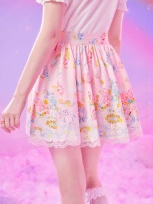 ROMWE X Care Bears 卡通圖案蕾絲拼接前蝴蝶結半身裙 - 粉色 - 查看 2