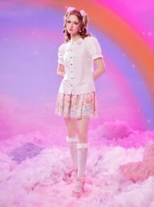 ROMWE X Care Bears 卡通圖案蕾絲拼接前蝴蝶結半身裙 - 粉色 - 查看 3