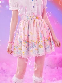 ROMWE X Care Bears 卡通圖案蕾絲拼接前蝴蝶結半身裙 - 粉色 - 查看 4