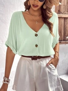 SHEIN LUNE Áo sơ mi nữ Nút phía trước màu trơn Giải trí - Màu xanh Bạc hà - Xem 1