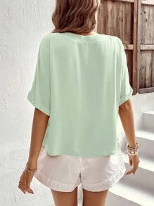 SHEIN LUNE Áo sơ mi nữ Nút phía trước màu trơn Giải trí - Màu xanh Bạc hà - Xem 2