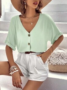 SHEIN LUNE Áo sơ mi nữ Nút phía trước màu trơn Giải trí - Màu xanh Bạc hà - Xem 3