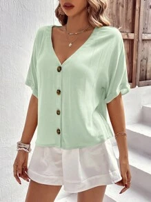 SHEIN LUNE Áo sơ mi nữ Nút phía trước màu trơn Giải trí - Màu xanh Bạc hà - Xem 5