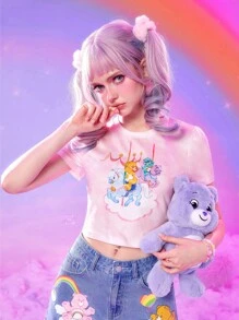 ROMWE X Care Bears Đồ họa Hoạt hình Nhuộm buộc Áo phông Crop - Hồng - Xem 1