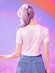 ROMWE X Care Bears Đồ họa Hoạt hình Nhuộm buộc Áo phông Crop - Hồng - Xem 2