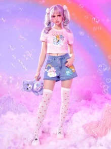 ROMWE X Care Bears Đồ họa Hoạt hình Nhuộm buộc Áo phông Crop - Hồng - Xem 3