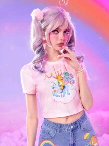 ROMWE X Care Bears Đồ họa Hoạt hình Nhuộm buộc Áo phông Crop - Hồng - Xem 4