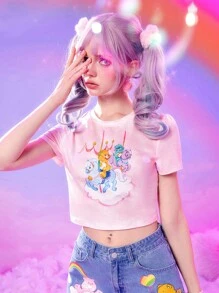 ROMWE X Care Bears Đồ họa Hoạt hình Nhuộm buộc Áo phông Crop - Hồng - Xem 5