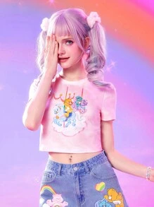 ROMWE X Care Bears Đồ họa Hoạt hình Nhuộm buộc Áo phông Crop - Hồng - Xem 6