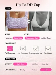 SHEIN Swim 碎花高腰比基尼套装，适合夏季海滩度假 - 彩色 - 查看 3