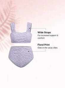 SHEIN Swim 碎花高腰比基尼套装，适合夏季海滩度假 - 彩色 - 查看 4