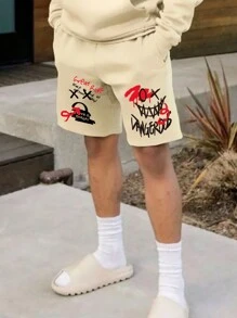 Manfinity EMRG 男士表情和字母圖案腰部抽繩短褲 - 卡其色 - 查看 1