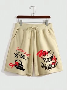 Manfinity EMRG 男士表情和字母圖案腰部抽繩短褲 - 卡其色 - 查看 3