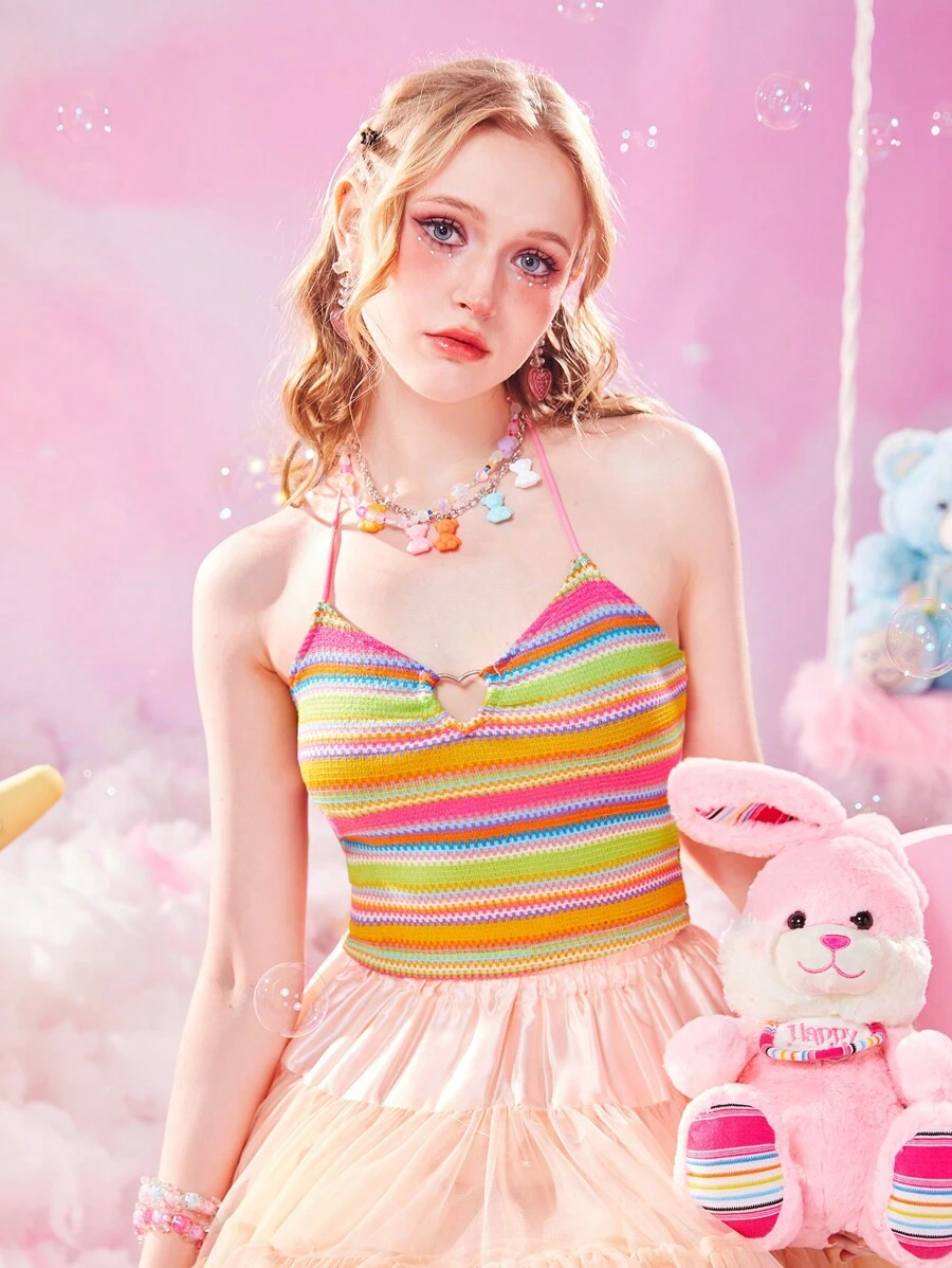 ROMWE Kawaii Striped Heart-ring Detail Halter Top - Multicolor - View 1
