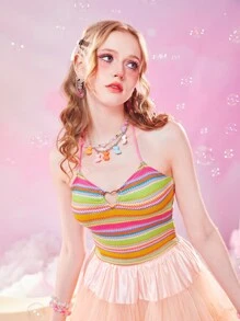 ROMWE Kawaii Striped Heart-ring Detail Halter Top - Multicolor - View 2