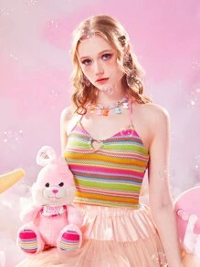 ROMWE Kawaii Striped Heart-ring Detail Halter Top - Multicolor - View 4