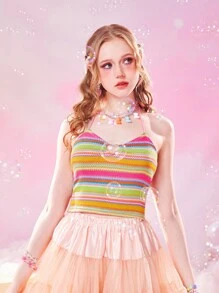 ROMWE Kawaii Striped Heart-ring Detail Halter Top - Multicolor - View 6