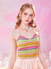 ROMWE Kawaii Striped Heart-ring Detail Halter Top - Multicolor - View 8