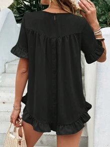 SHEIN LUNE 素色荷葉邊襯衫 - 黑色 - 查看 1