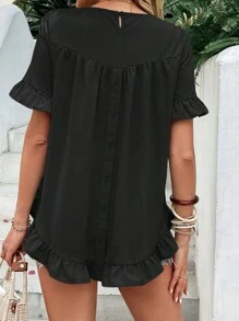 SHEIN LUNE 素色荷葉邊襯衫 - 黑色 - 查看 2