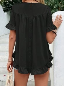 SHEIN LUNE 素色荷葉邊襯衫 - 黑色 - 查看 3