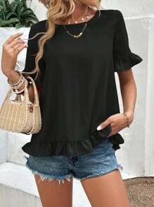 SHEIN LUNE 素色荷葉邊襯衫 - 黑色 - 查看 4