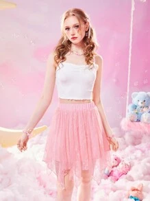 ROMWE Kawaii 蕾絲拼接不對稱下擺半身裙 - 粉色 - 查看 2