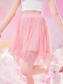 ROMWE Kawaii 蕾絲拼接不對稱下擺半身裙 - 粉色 - 查看 5