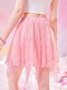 ROMWE Kawaii 蕾絲拼接不對稱下擺半身裙 - 粉色 - 查看 6