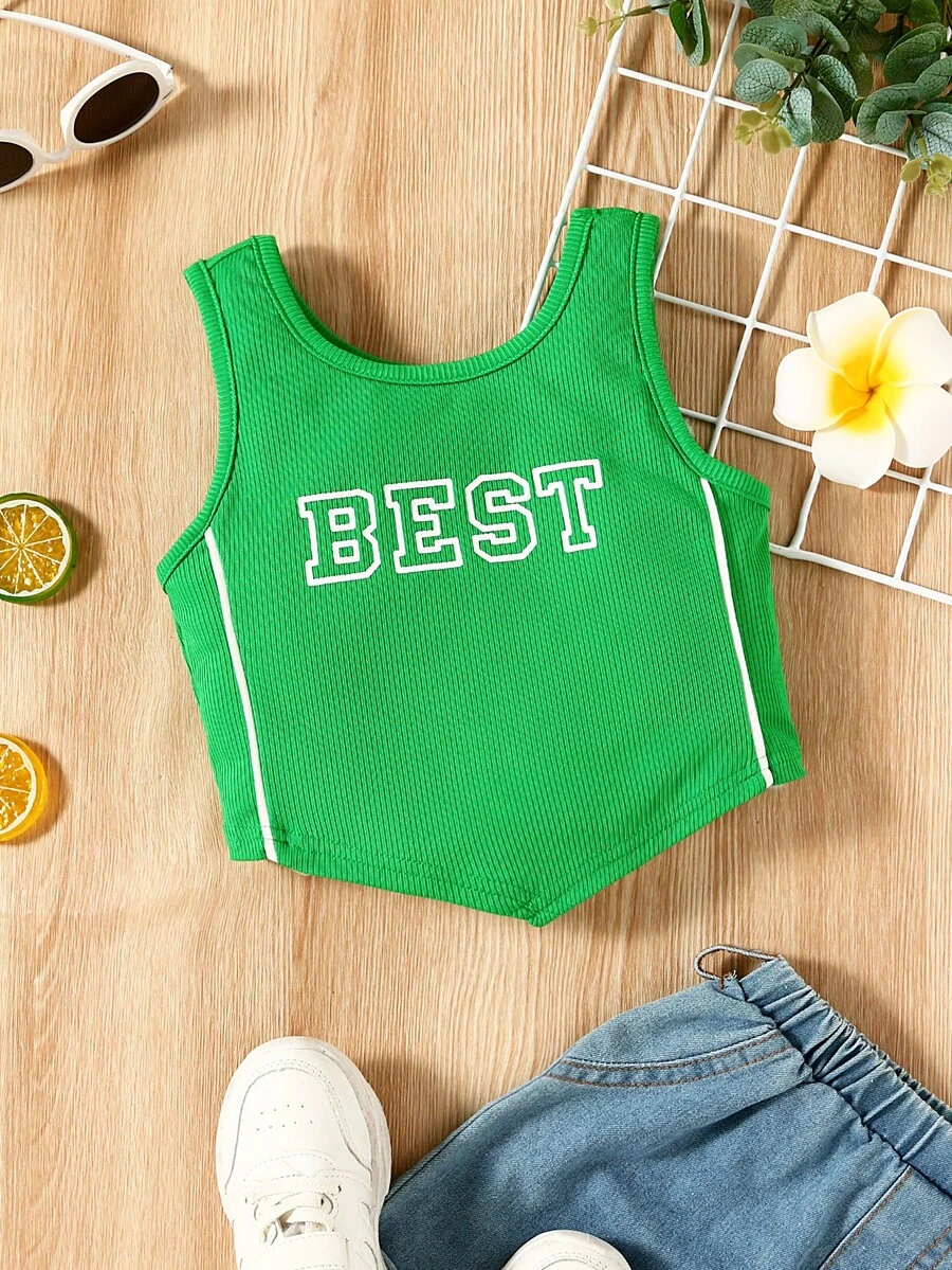 女小童字母圖案頭巾下擺背心上衣 - 綠色 - 查看 1