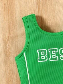 女小童字母圖案頭巾下擺背心上衣 - 綠色 - 查看 3