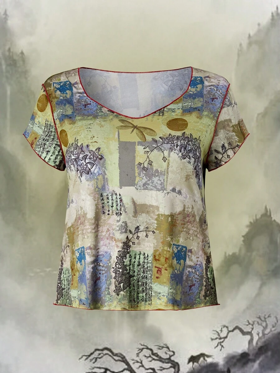 SHEIN LUNE 大碼撞色拼接圖案上衣車縫線T恤 - 彩色 - 查看 1