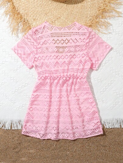 Young Girl Hollow Out Cover Up Summer Pink Swim Bohemian Summer Holiday Cute Summer Pink Swim Bohemian Summer Holiday Cute