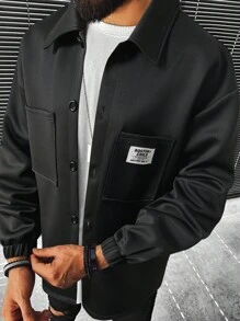 Manfinity Homme Loose Fit Men's Drop Shoulder Coat With Letter Patches And Dual Pockets - Black - View 5