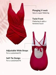 SHEIN Swim Phụ nữ một mảnh Lộ Lưng Hội Chữ thập Xù Buộc lại Trọn gói màu trơn - Màu Đỏ Sâu - Xem 4