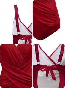 SHEIN Swim Phụ nữ một mảnh Lộ Lưng Hội Chữ thập Xù Buộc lại Trọn gói màu trơn - Màu Đỏ Sâu - Xem 5