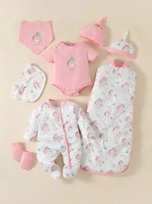 SHEIN 女嬰獨角獸印花撞色滾邊包腳連體睡衣和連體衣和睡袋睡衣套裝 - 彩色 - 查看 1