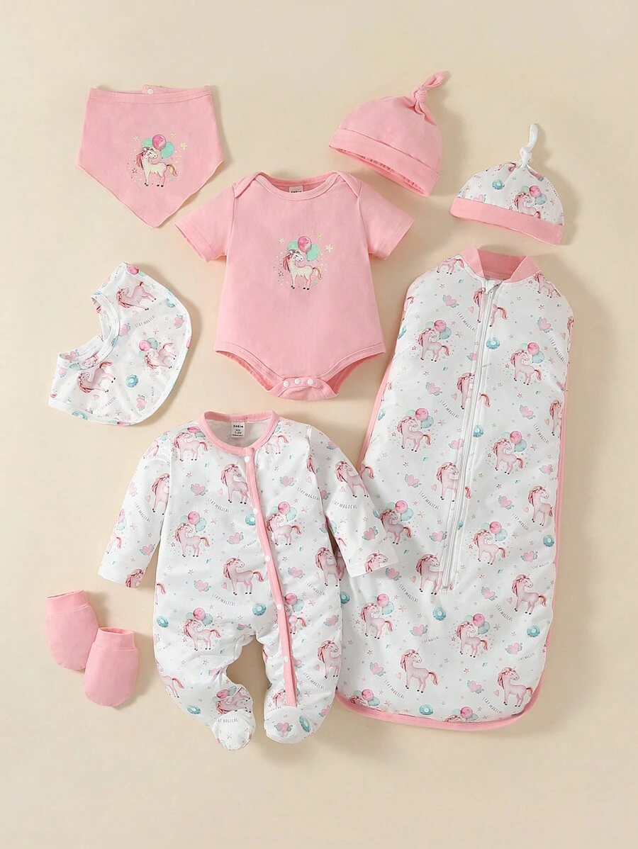 SHEIN 女嬰獨角獸印花撞色滾邊包腳連體睡衣和連體衣和睡袋睡衣套裝 - 彩色 - 查看 1