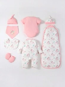 SHEIN 女嬰獨角獸印花撞色滾邊包腳連體睡衣和連體衣和睡袋睡衣套裝 - 彩色 - 查看 2