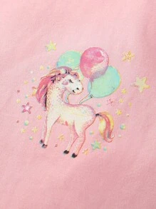 SHEIN 女嬰獨角獸印花撞色滾邊包腳連體睡衣和連體衣和睡袋睡衣套裝 - 彩色 - 查看 3