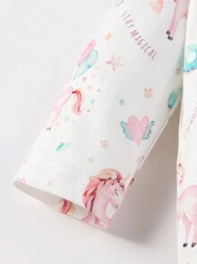 SHEIN 女嬰獨角獸印花撞色滾邊包腳連體睡衣和連體衣和睡袋睡衣套裝 - 彩色 - 查看 5