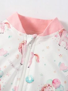 SHEIN 女嬰獨角獸印花撞色滾邊包腳連體睡衣和連體衣和睡袋睡衣套裝 - 彩色 - 查看 7