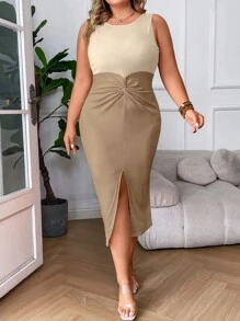 Celure Plus Two Tone Twist Front Split Thigh Dress - Khaki - View 1