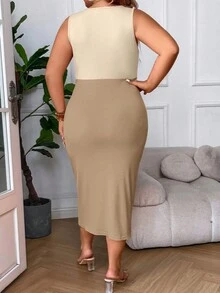 Celure Plus Two Tone Twist Front Split Thigh Dress - Khaki - View 2