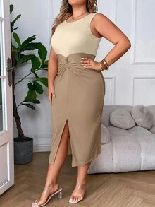 Celure Plus Two Tone Twist Front Split Thigh Dress - Khaki - View 6