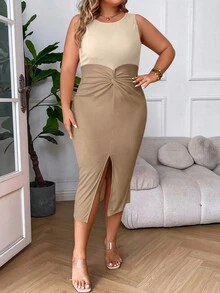 Celure Plus Two Tone Twist Front Split Thigh Dress - Khaki - View 7